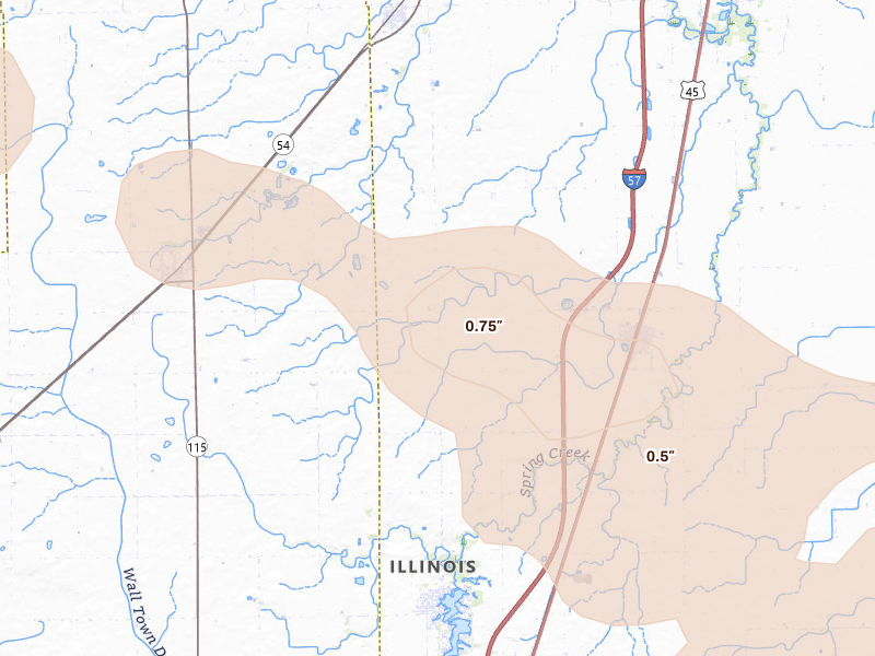 Radar-estimated hail-size map of the storm over Buckley, IL on Aug 11, 2026