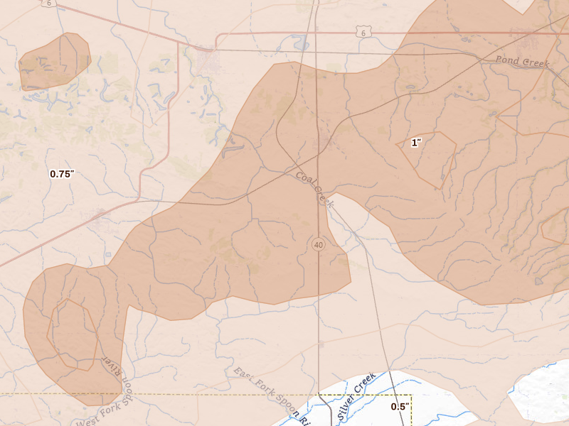 Radar-estimated hail-size map of the storm over Buda, IL on Mar 10, 2026