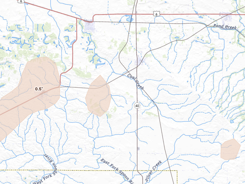 Radar-estimated hail-size map of the storm over Buda, IL on Jul 2, 2026