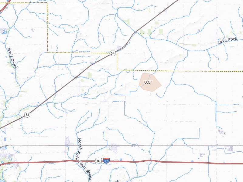 Radar-estimated hail-size map of the storm over Buffalo, IL on May 16, 2026