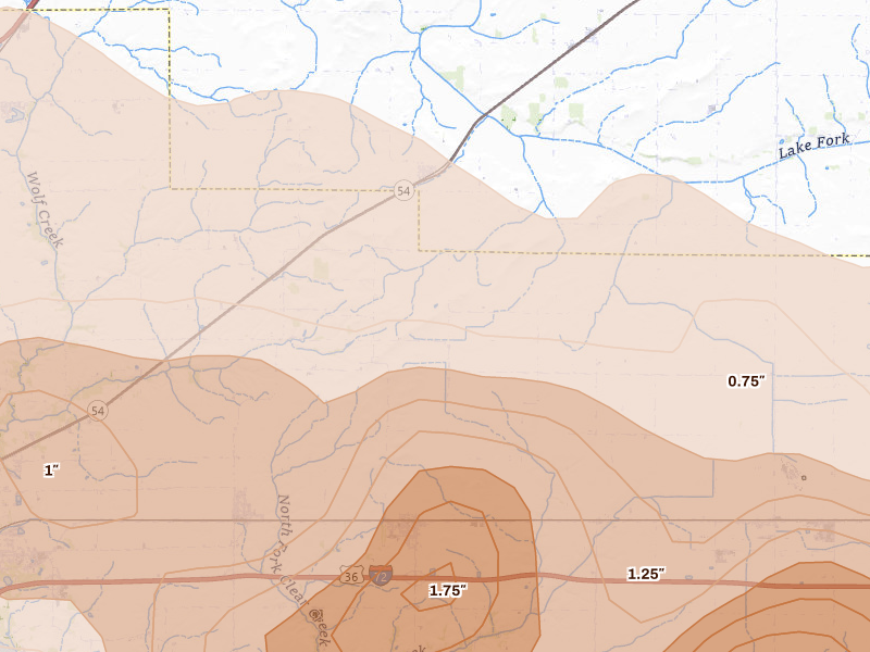 Radar-estimated hail-size map of the storm over Buffalo, IL on Jun 17, 2026