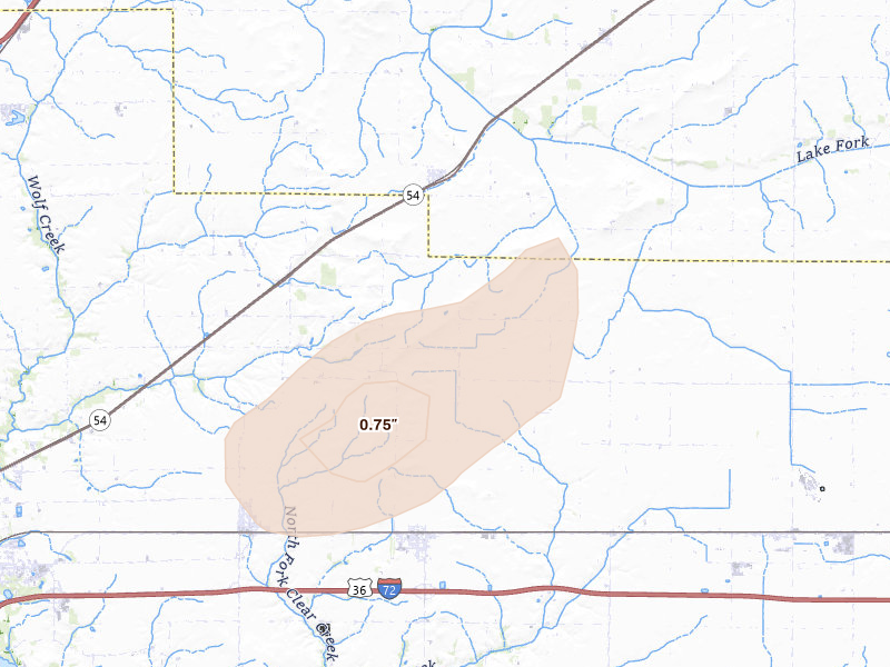 Radar-estimated hail-size map of the storm over Buffalo, IL on Jul 4, 2026
