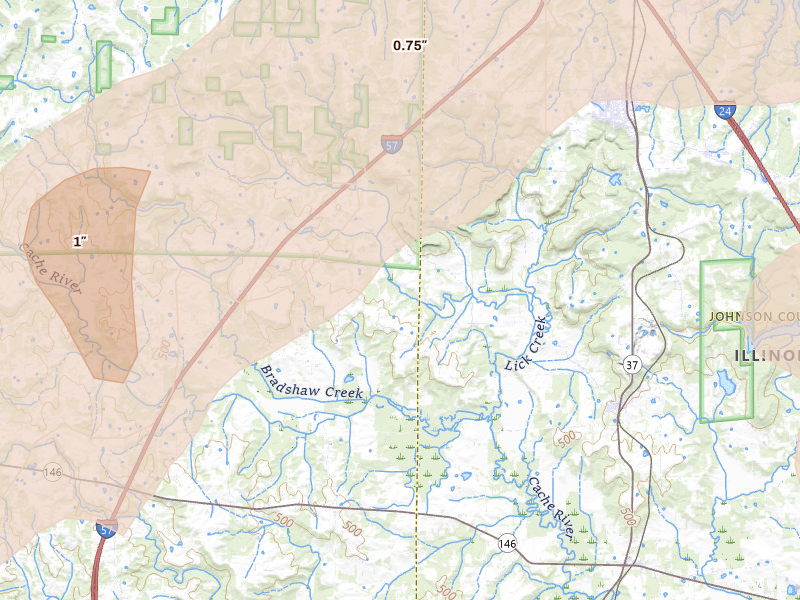 Radar-estimated hail-size map of the storm over Buncombe, IL on Apr 27, 2026
