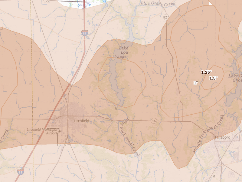 Radar-estimated hail-size map of the storm over Butler, IL on Apr 27, 2026