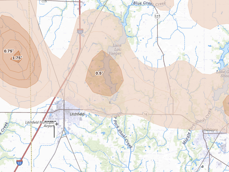 Radar-estimated hail-size map of the storm over Butler, IL on Jun 17, 2026