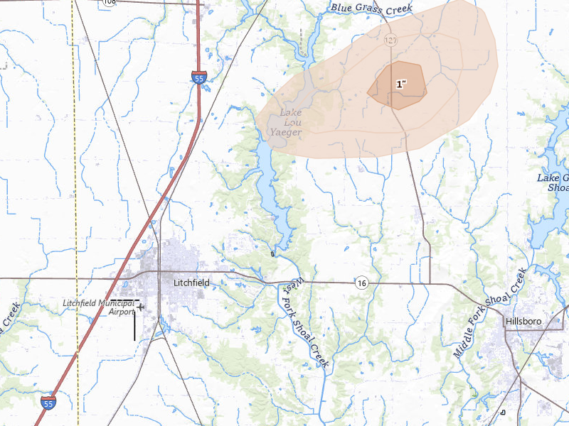 Radar-estimated hail-size map of the storm over Butler, IL on Jul 9, 2026