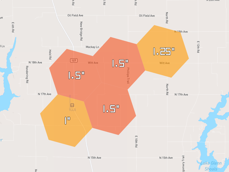 Hail map of Butler, IL on Jul 9, 2026, hail up to 1.5"