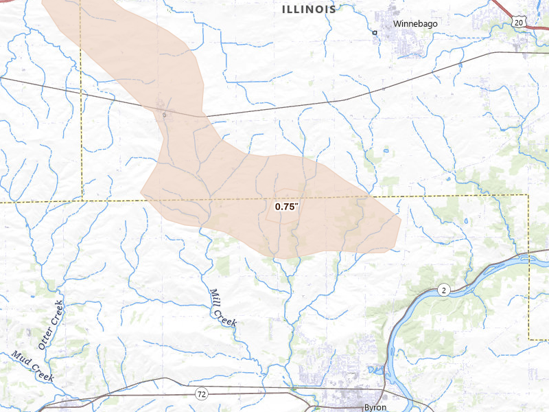 Radar-estimated hail-size map of the storm over Byron, IL on Jun 24, 2026