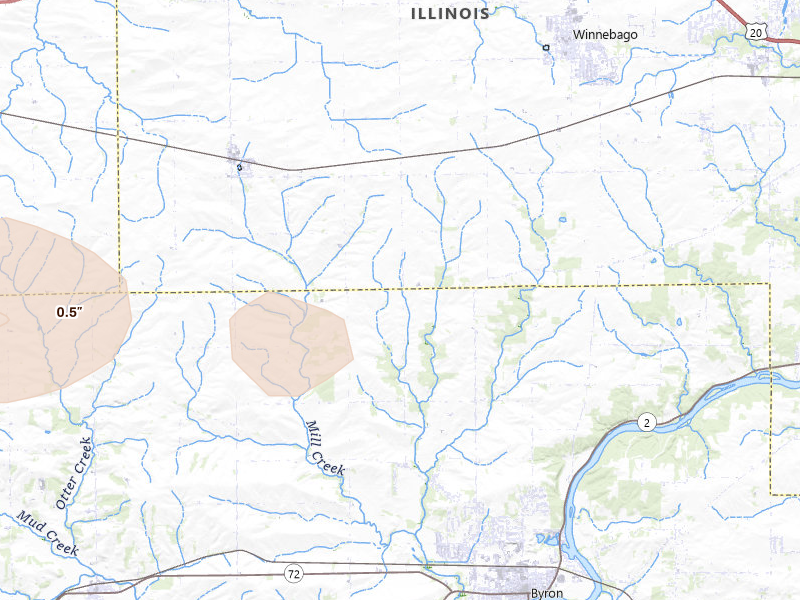 Radar-estimated hail-size map of the storm over Byron, IL on Jul 3, 2026