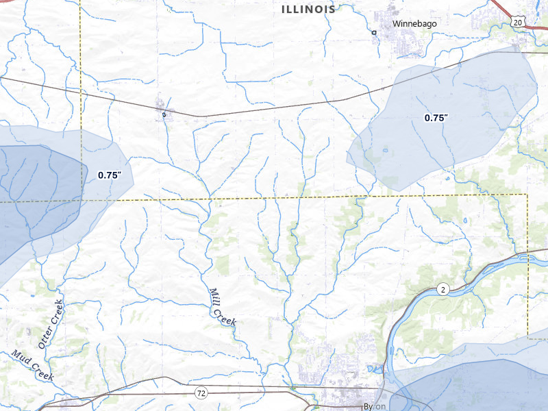 NEXRAD radar-signature map of the hail storm over Byron, IL on Jul 3, 2026