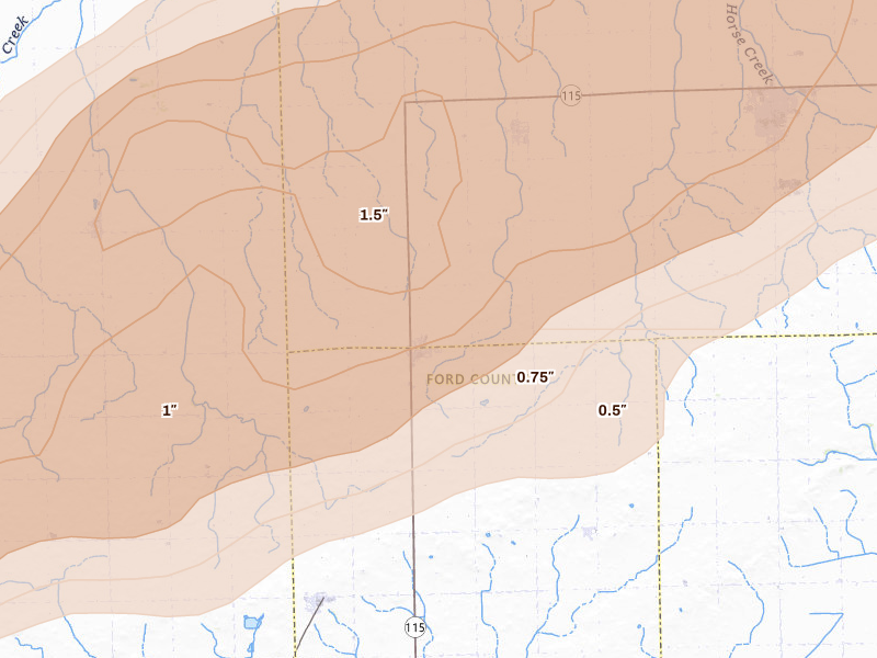 Radar-estimated hail-size map of the storm over Cabery, IL on Mar 10, 2026