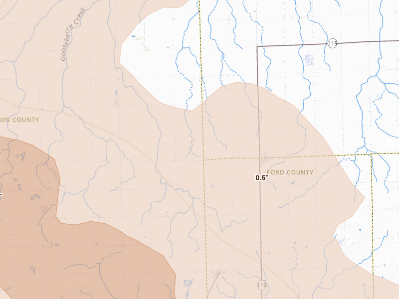 Radar-estimated hail-size map of the storm over Cabery, IL on Aug 9, 2026