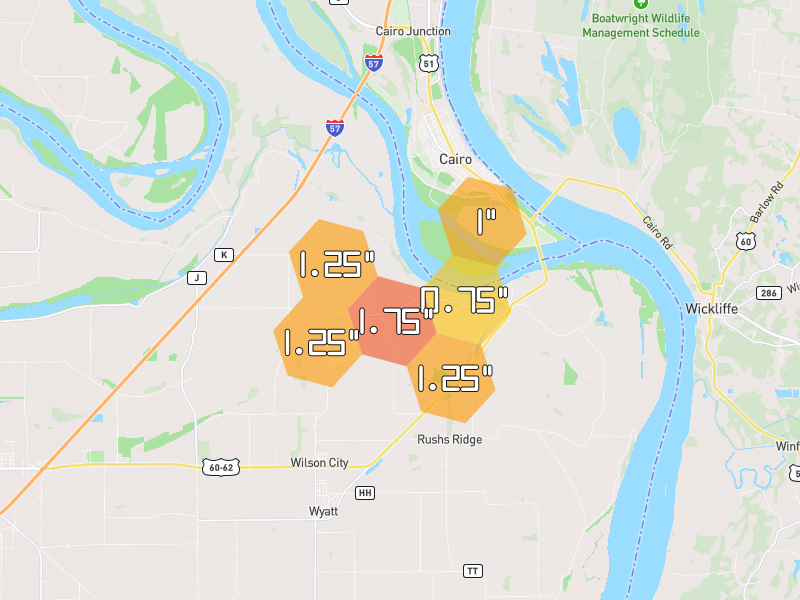 Hail map of Cairo, IL on Jul 3, 2026, hail up to 1.75"