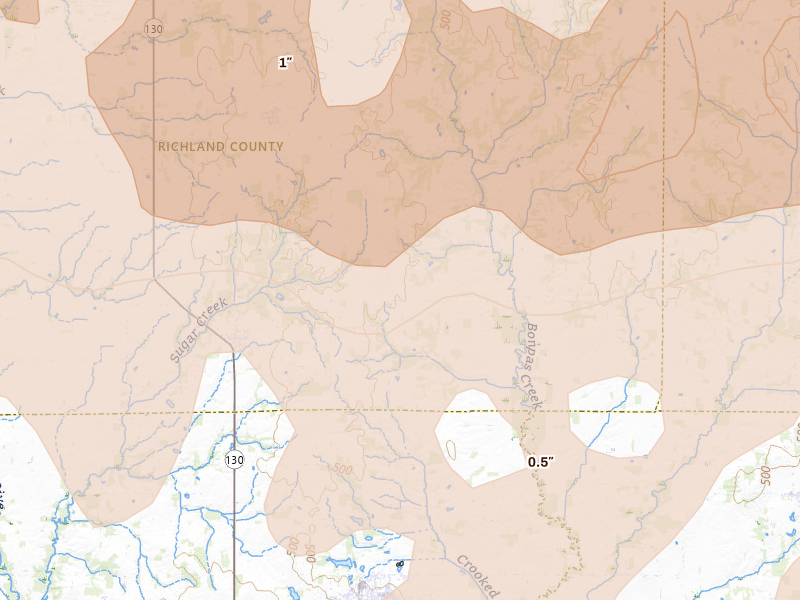 Radar-estimated hail-size map of the storm over Calhoun, IL on Apr 27, 2026