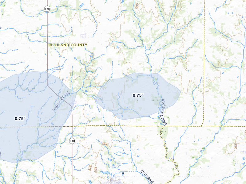 NEXRAD radar-signature map of the hail storm over Calhoun, IL on Jun 9, 2026