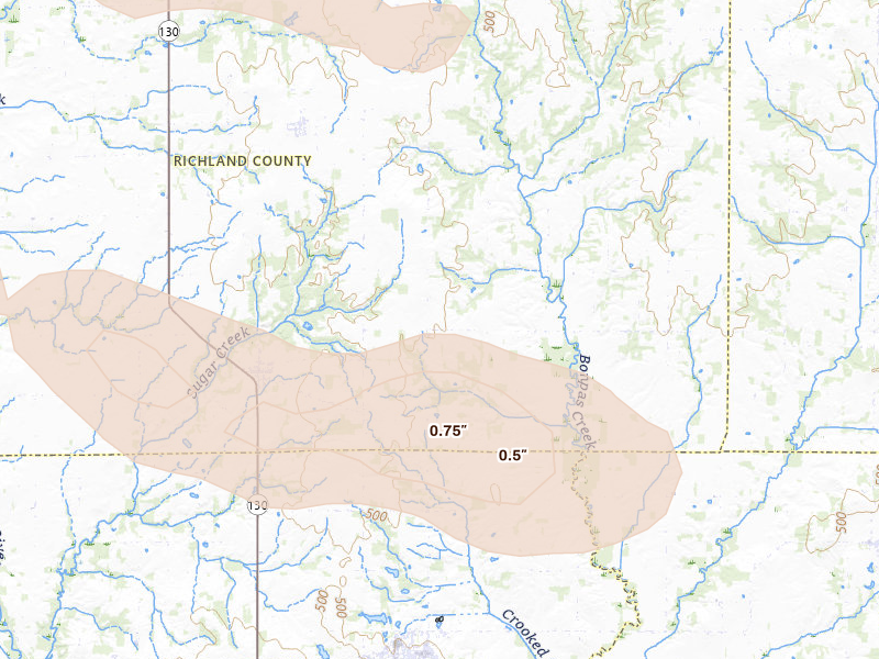 Radar-estimated hail-size map of the storm over Calhoun, IL on Jun 25, 2026