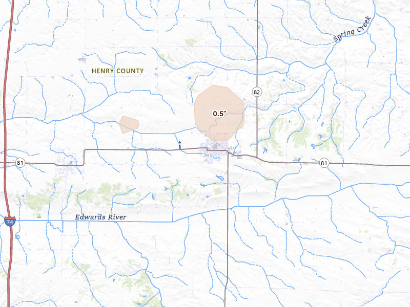 Radar-estimated hail-size map of the storm over Cambridge, IL on Mar 30, 2026