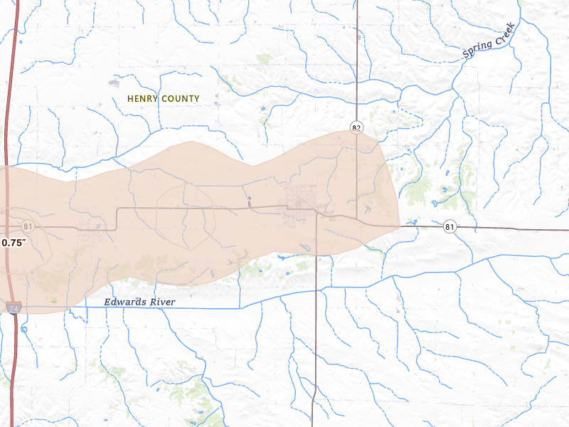 Radar-estimated hail-size map of the storm over Cambridge, IL on May 4, 2026