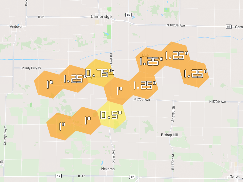 Hail map of Cambridge, IL on Jun 6, 2026, hail up to 1.25"