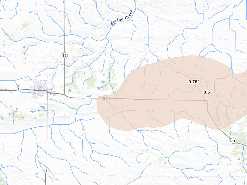 Radar-estimated hail-size map of the storm over Cambridge, IL on Aug 9, 2026