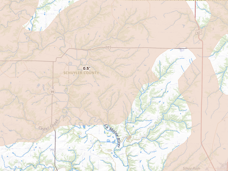 Radar-estimated hail-size map of the storm over Camden, IL on Jun 11, 2026