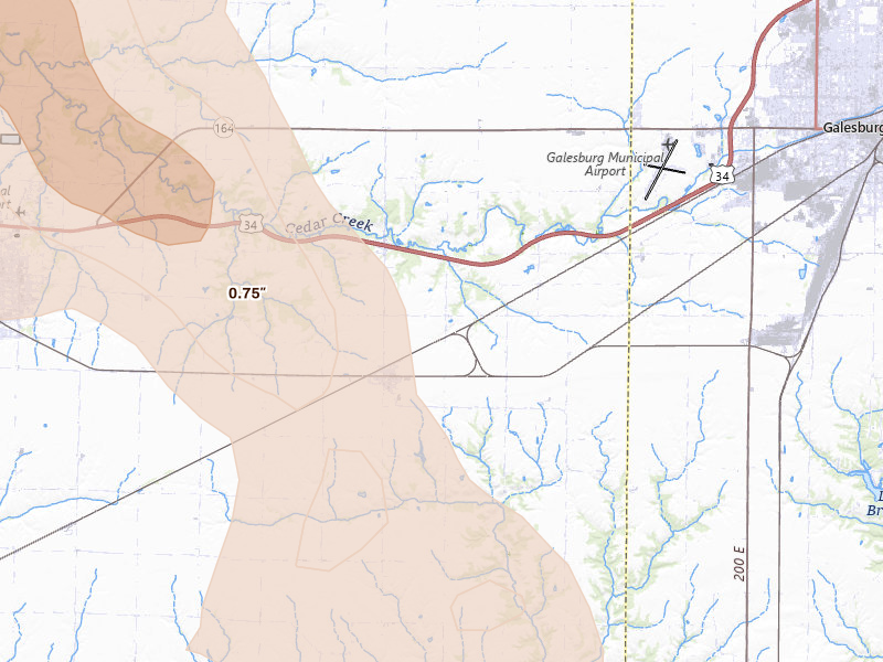 Radar-estimated hail-size map of the storm over Cameron, IL on Jul 20, 2026