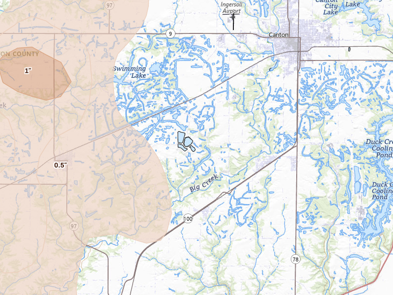 Radar-estimated hail-size map of the storm over Canton, IL on Apr 17, 2026