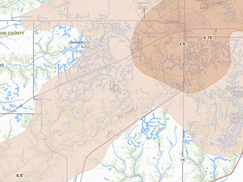 Radar-estimated hail-size map of the storm over Canton, IL on Jun 11, 2026