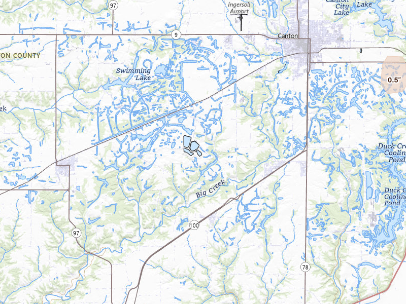 Radar-estimated hail-size map of the storm over Canton, IL on Jun 17, 2026