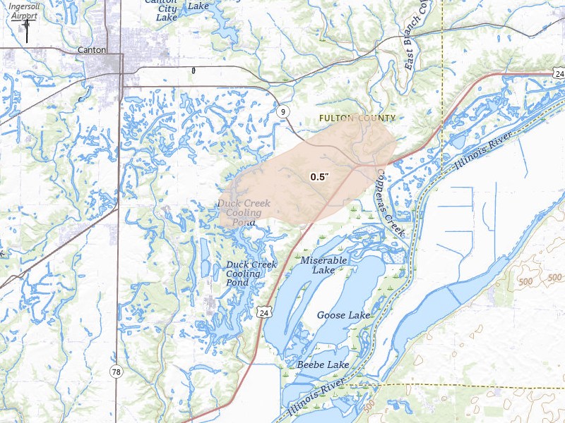 Radar-estimated hail-size map of the storm over Canton, IL on Aug 14, 2026