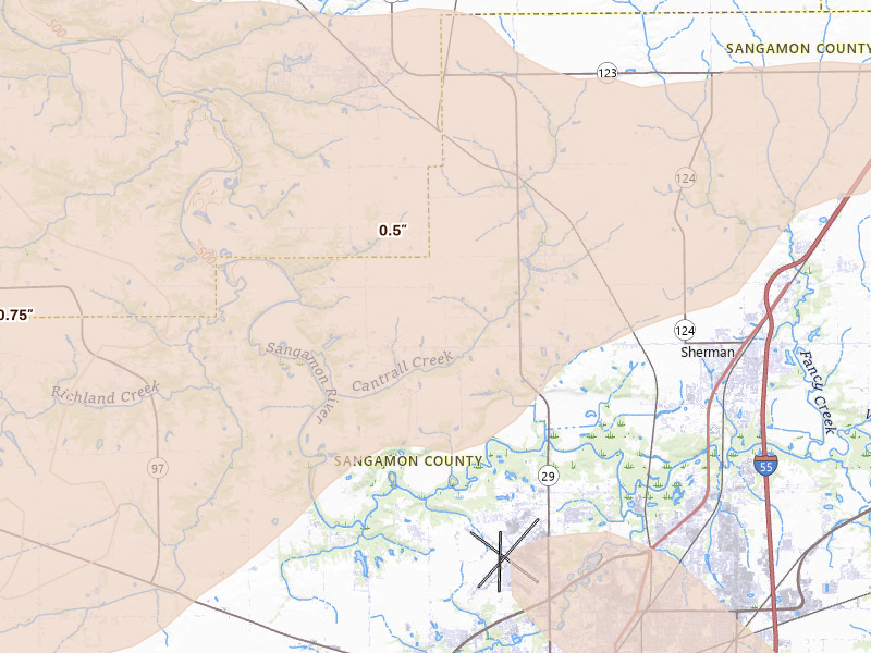 Radar-estimated hail-size map of the storm over Cantrall, IL on Apr 27, 2026