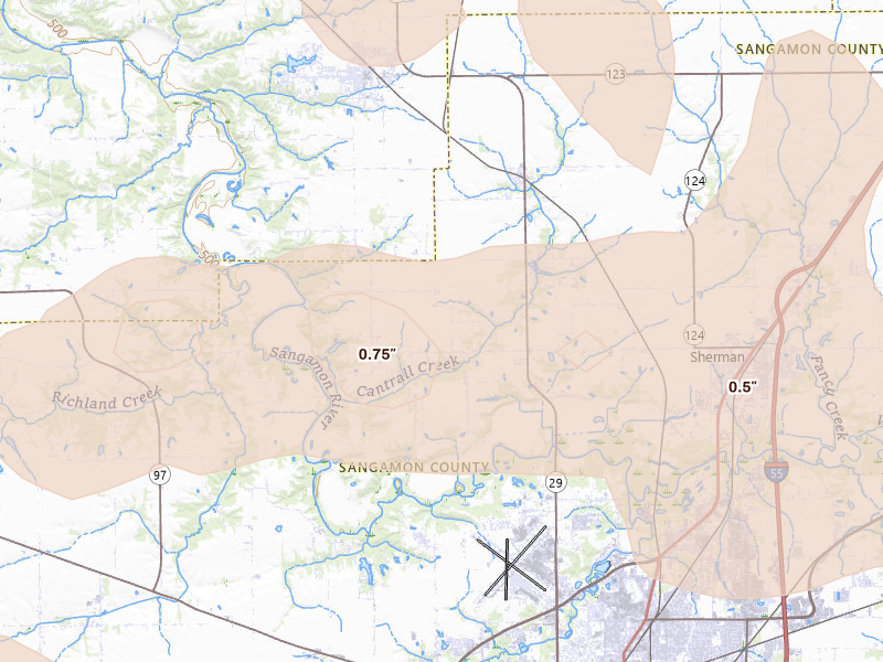 Radar-estimated hail-size map of the storm over Cantrall, IL on May 4, 2026