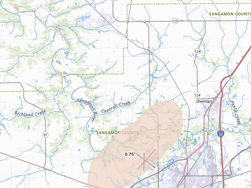 Radar-estimated hail-size map of the storm over Cantrall, IL on Jul 3, 2026