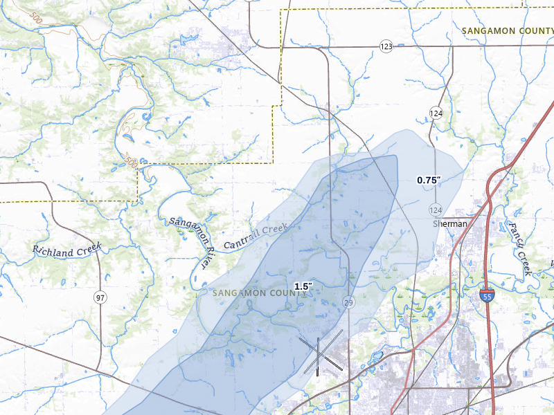 NEXRAD radar-signature map of the hail over Cantrall, IL