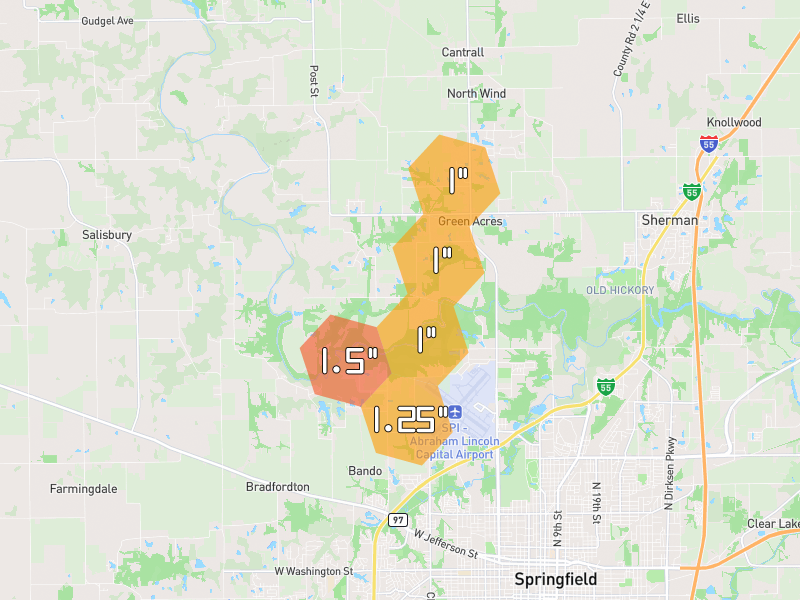 Hail map of Cantrall, IL on Jul 4, 2026, hail up to 1.5"