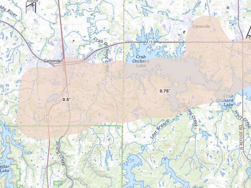 Radar-estimated hail-size map of the storm over Carbondale, IL on Mar 4, 2026