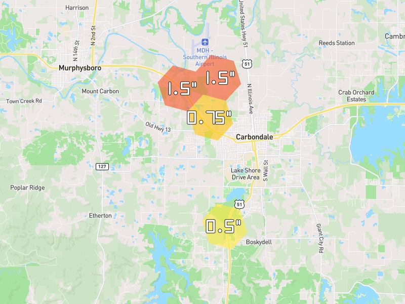 Hail map of Carbondale, IL on Jul 8, 2026, hail up to 1.5"