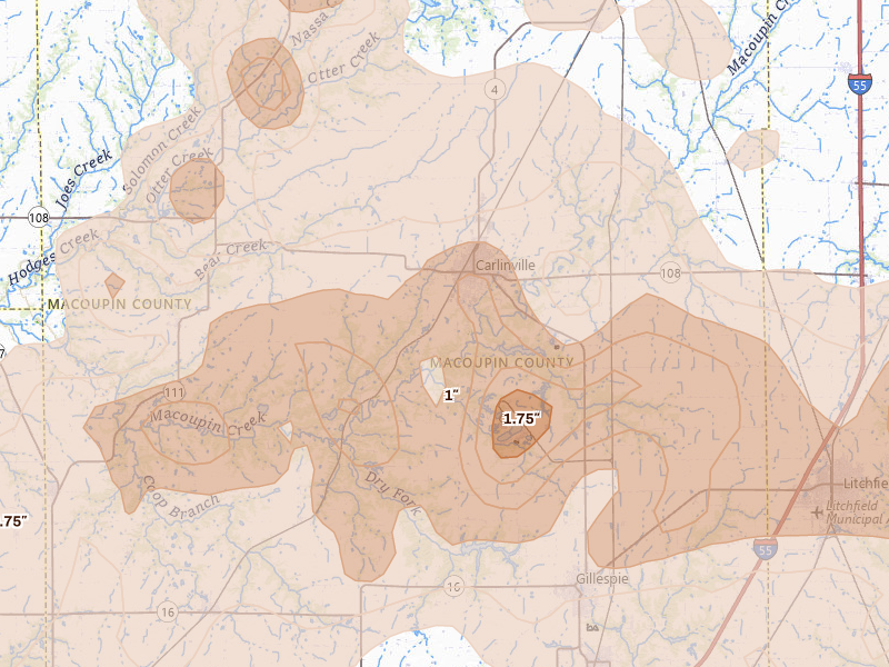 Radar-estimated hail-size map of the storm over Carlinville, IL on Apr 27, 2026