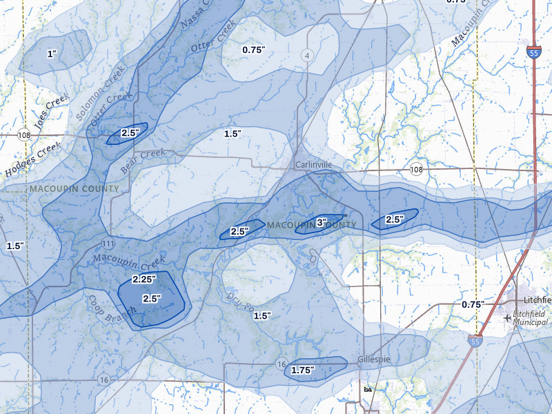 NEXRAD radar-signature map of the hail over Carlinville, IL
