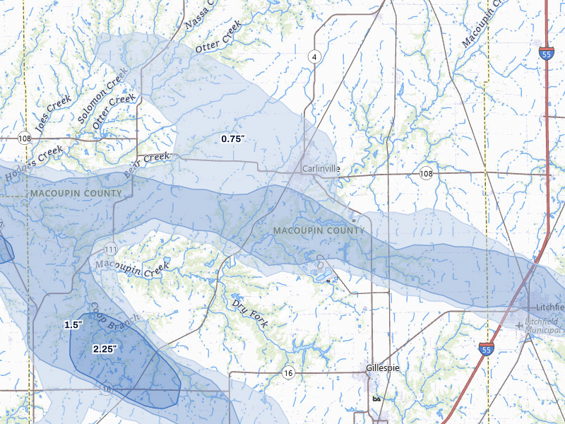 NEXRAD radar-signature map of the hail storm over Carlinville, IL on May 3, 2026