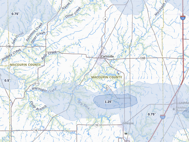 NEXRAD radar-signature map of the hail storm over Carlinville, IL on May 4, 2026