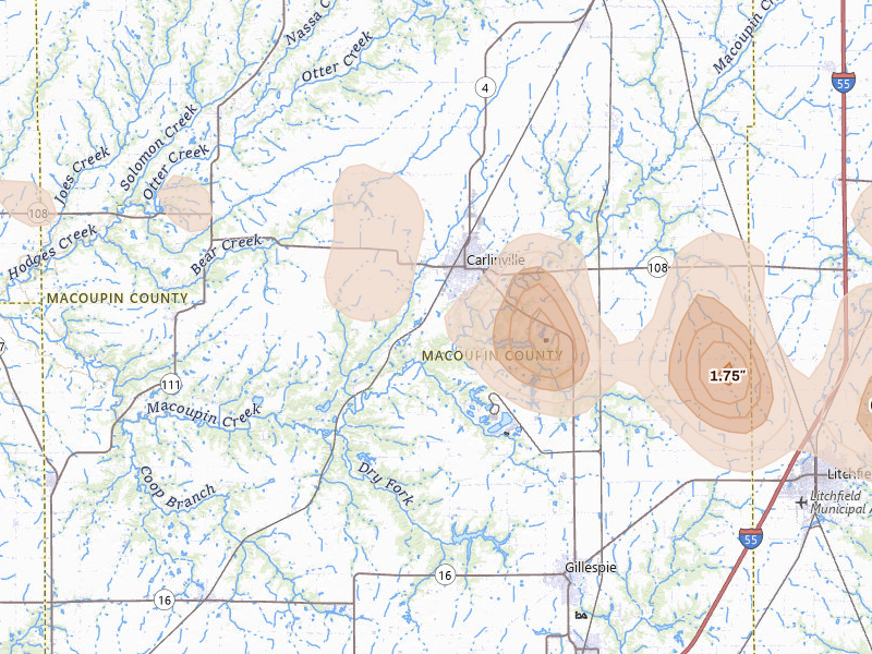 Radar-estimated hail-size map of the storm over Carlinville, IL on Jun 17, 2026