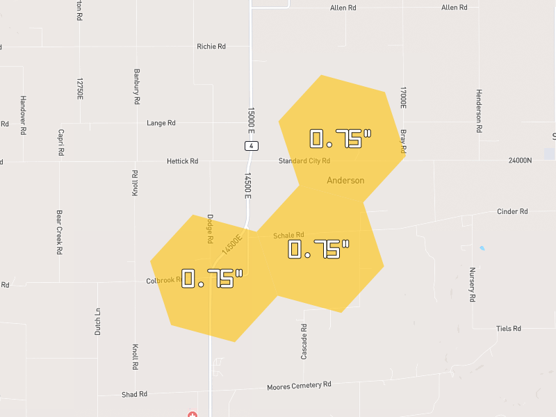 Hail map of Carlinville, IL on Jul 3, 2026, hail up to 0.75"