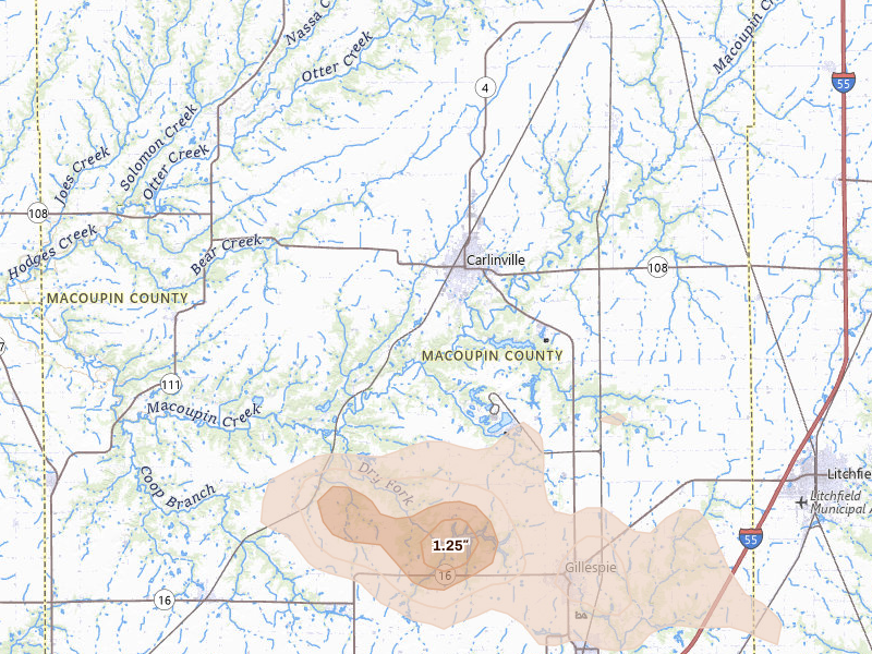 Radar-estimated hail-size map of the storm over Carlinville, IL on Jul 10, 2026