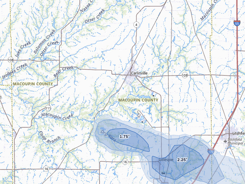 NEXRAD radar-signature map of the hail storm over Carlinville, IL on Jul 10, 2026