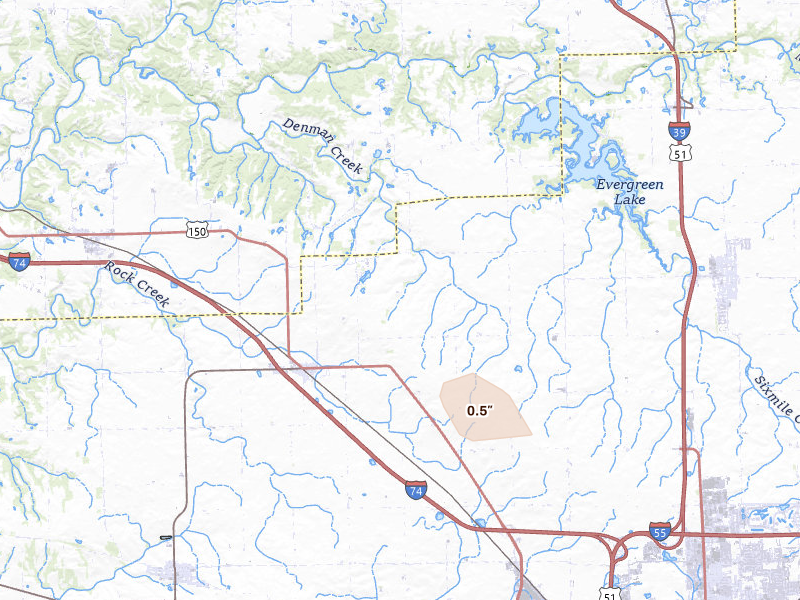 Radar-estimated hail-size map of the storm over Carlock, IL on Aug 30, 2026