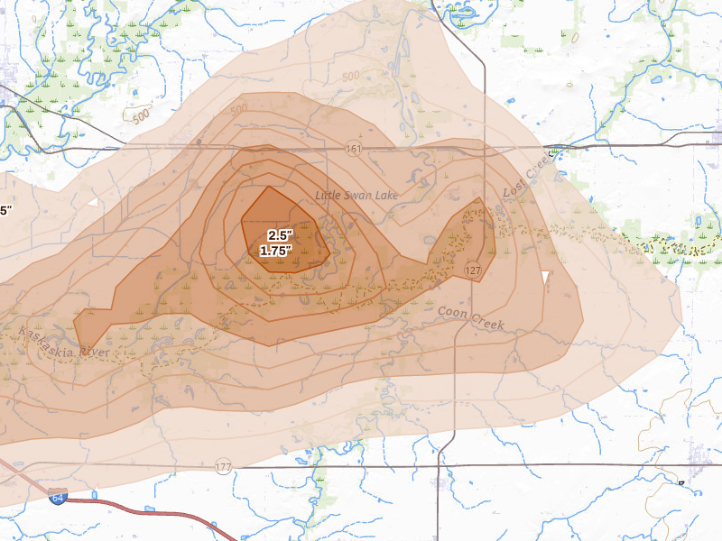 Radar-estimated hail-size map of the storm over Carlyle, IL on Apr 26, 2026