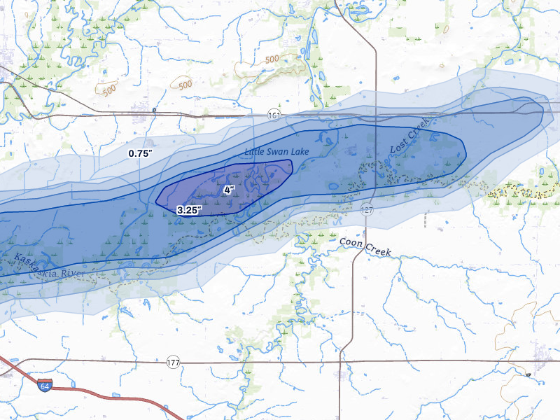 NEXRAD radar-signature map of the hail storm over Carlyle, IL on Apr 26, 2026