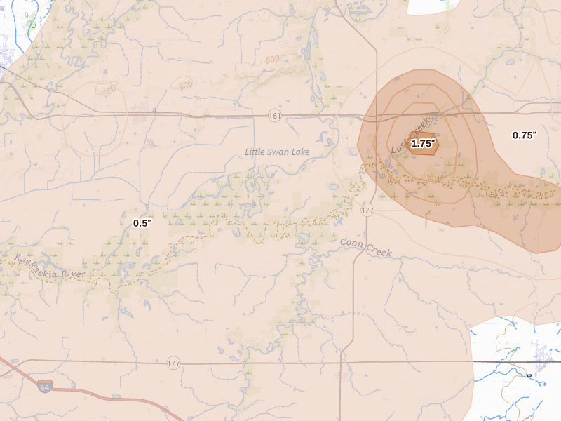 Radar-estimated hail-size map of the storm over Carlyle, IL on Apr 27, 2026