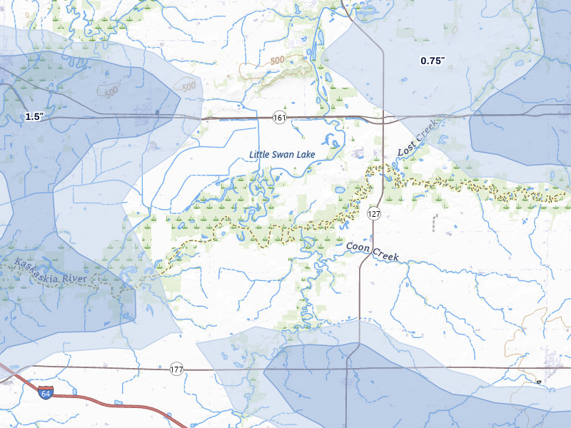 NEXRAD radar-signature map of the hail storm over Carlyle, IL on Apr 27, 2026